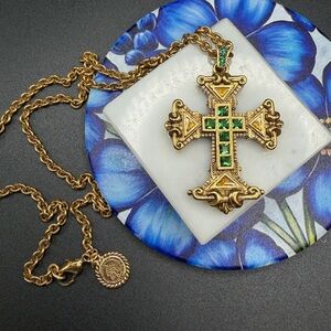 Vatican Library Collection Cross Pendant Necklace Chain Signed #M42 gold green